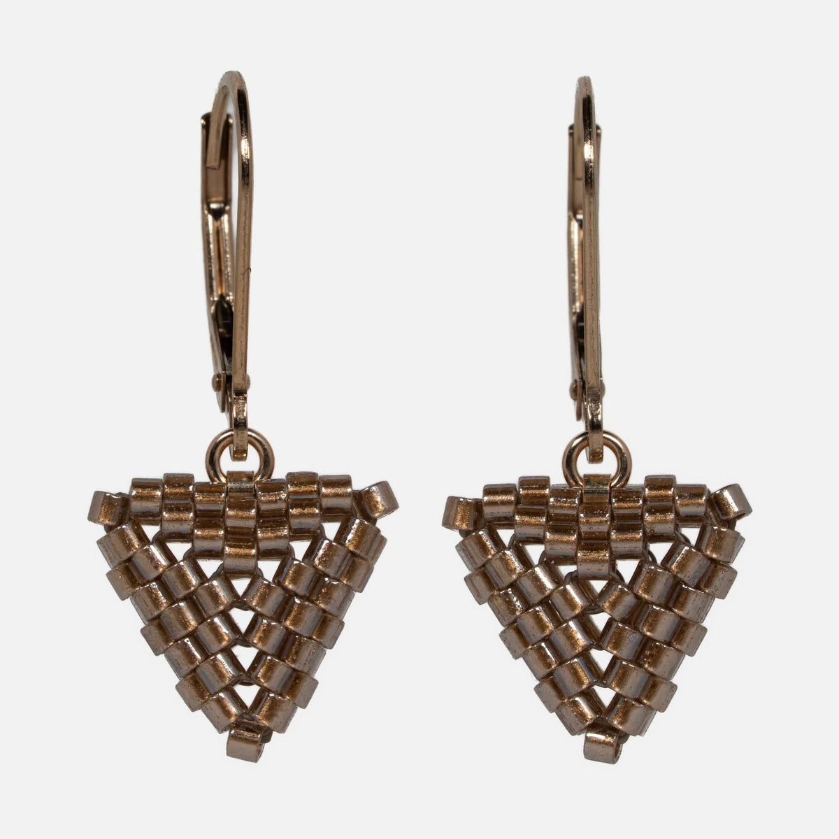 Pair of hand-woven antique copper beaded triangle earrings on gold-filled lever-backs, hanging against a white background.
