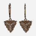 Pair of hand-woven antique copper beaded triangle earrings on gold-filled lever-backs, hanging against a white background.