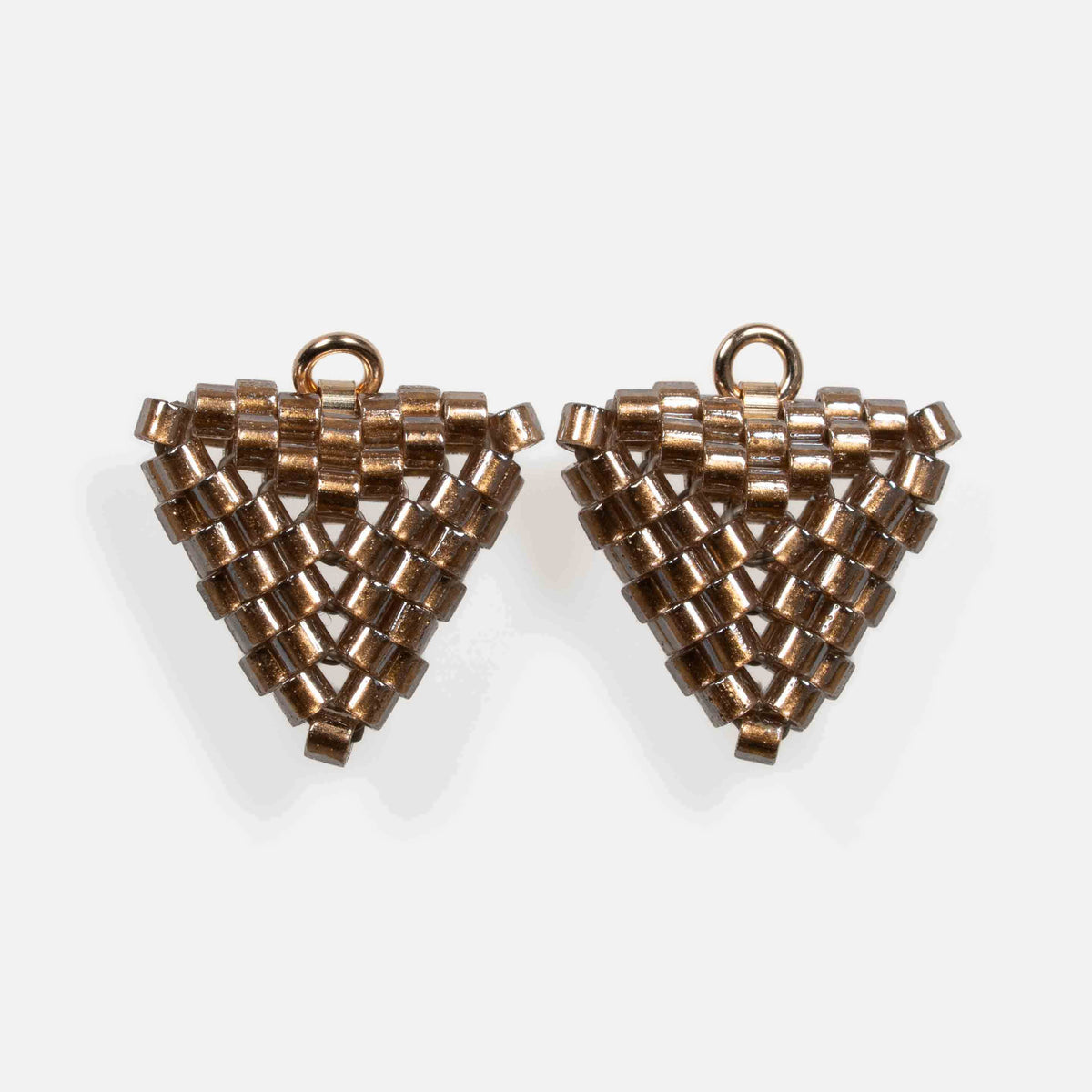 Pair of antique copper beaded triangle earring modules without lever-backs.