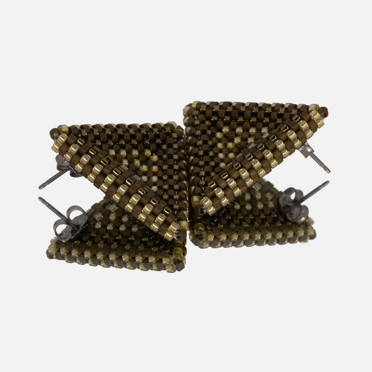 Back of the bronze, amber, and olive beaded triangle earrings, showing titanium posts and butterfly backs
