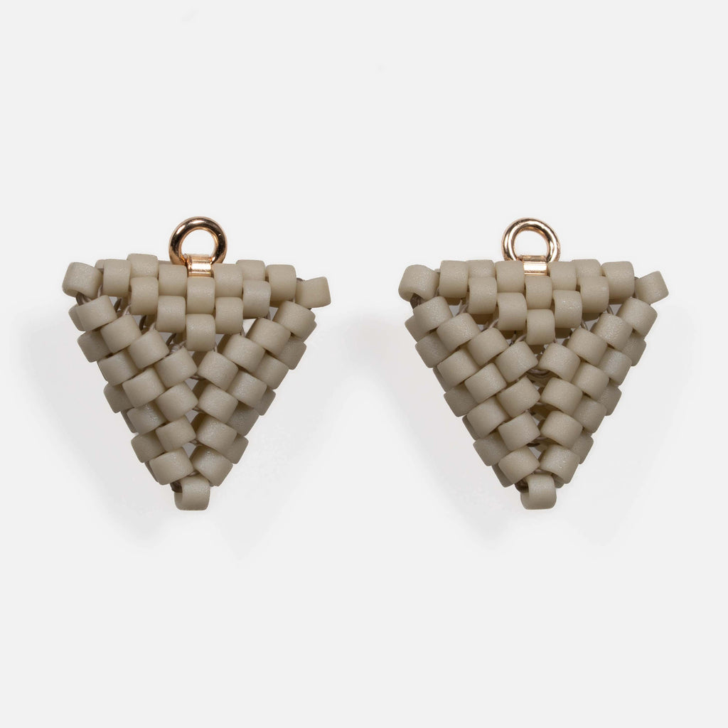 Pair of greige beaded triangle earring modules without lever-backs.