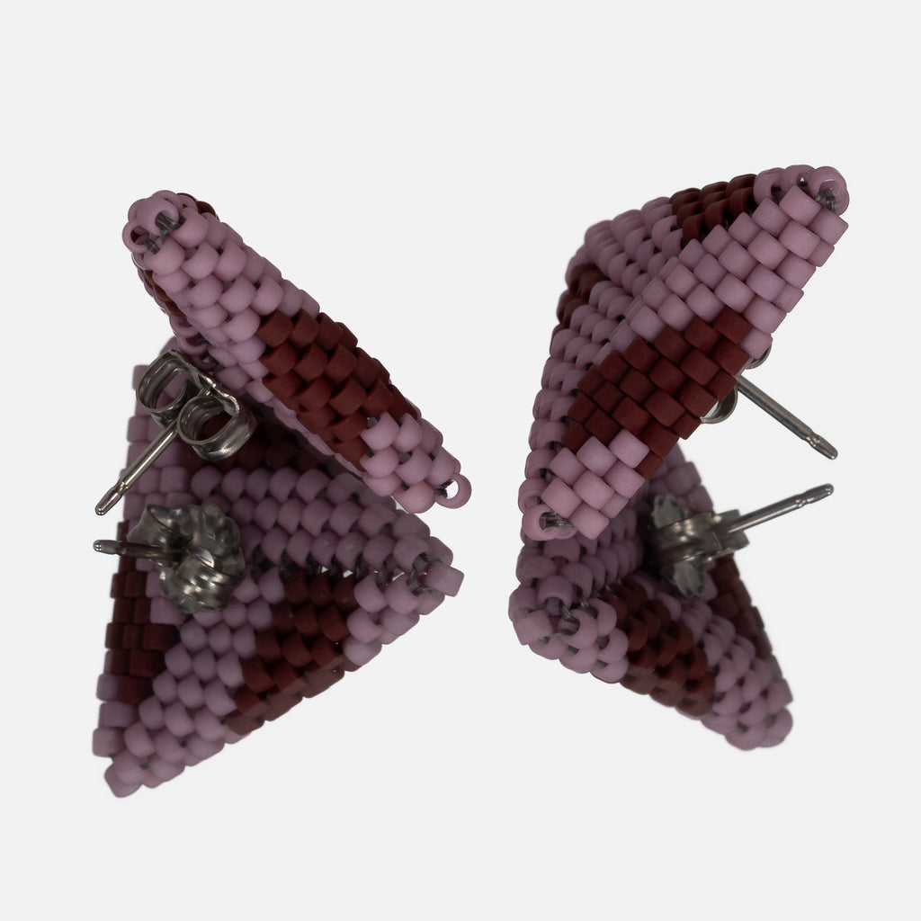 Back of the lilac and burgundy beaded triangle earrings, showing titanium posts and butterfly backs