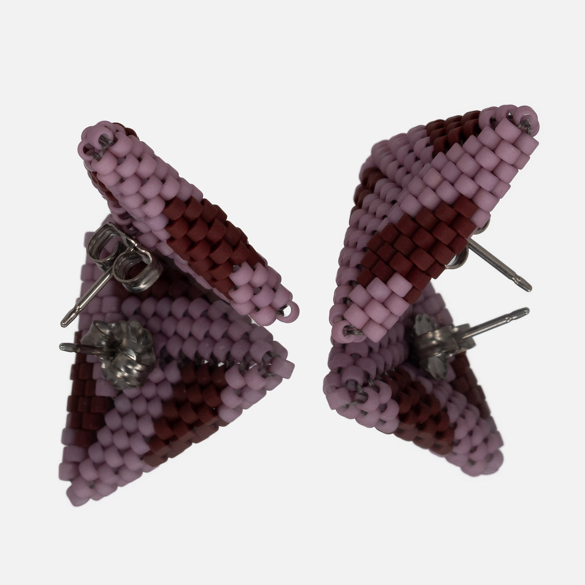 Back of the lilac and burgundy beaded triangle earrings, showing titanium posts and butterfly backs
