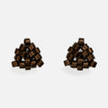 Pair of tiny triangular beaded stud earrings in matte metallic bronze with a satin shimmer, front view on a light gray background