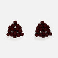 Pair of tiny triangular beaded stud earrings in matte deep burgundy red, front view on a light gray background