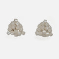 Pair of tiny triangular beaded stud earrings in warm ivory with a pearly luster, front view on a light gray background