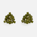 Pair of tiny triangular beaded stud earrings in transparent deep moss green, front view on a light gray background