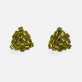 Pair of tiny triangular beaded stud earrings in golden olive green silver-lined beads, front view on a light gray background