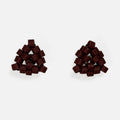 Pair of tiny triangular beaded stud earrings in matte oxblood red, front view on a light gray background