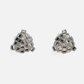 Pair of tiny triangular beaded stud earrings in silver-lined crystal hex beads, front view on a light gray background