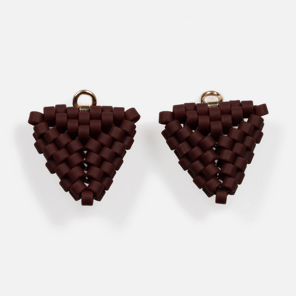Pair of oxblood beaded triangle earring modules without lever-backs.