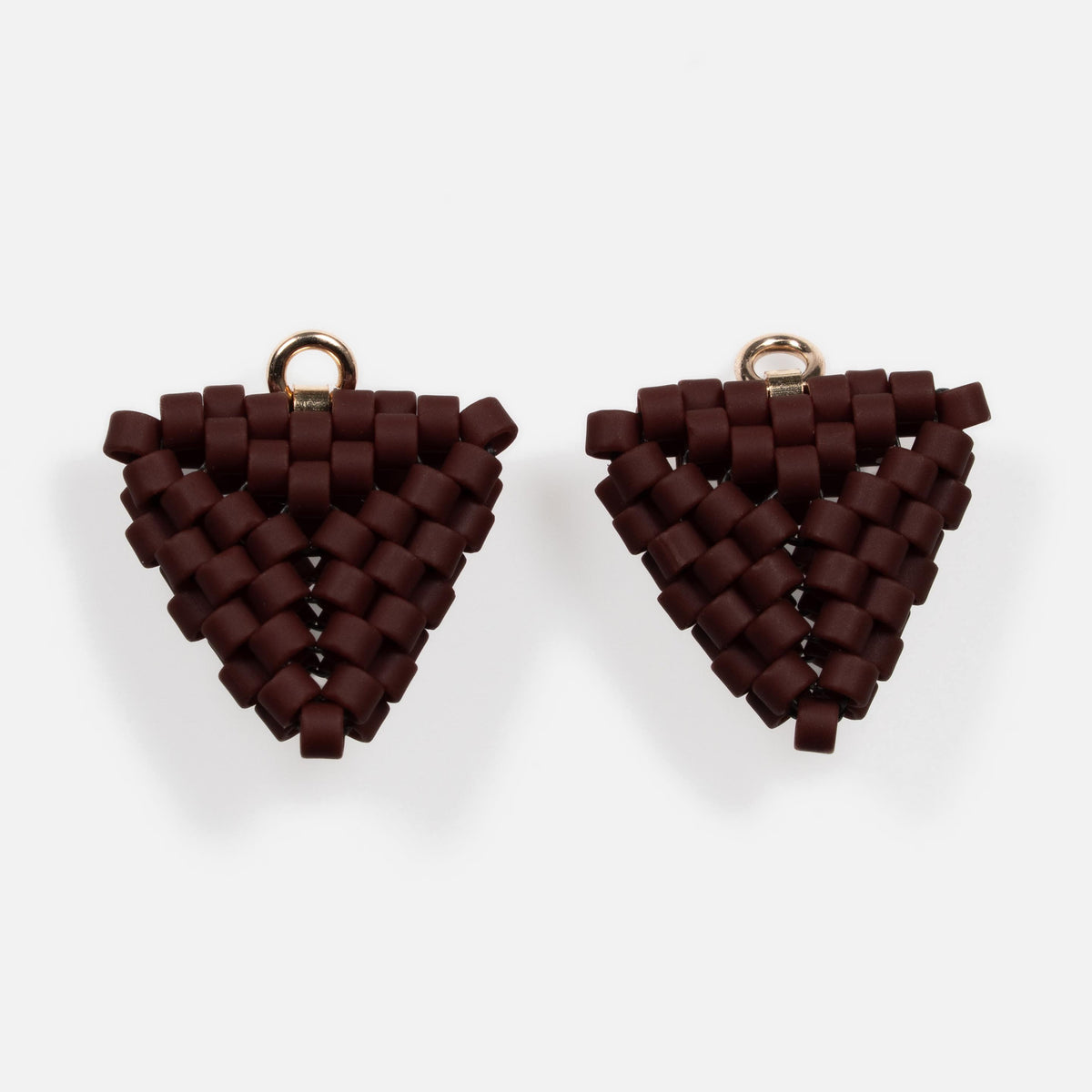 Pair of oxblood beaded triangle earring modules without lever-backs.