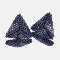 Pair of hand-woven periwinkle beaded triangle earrings, standing on a mirror