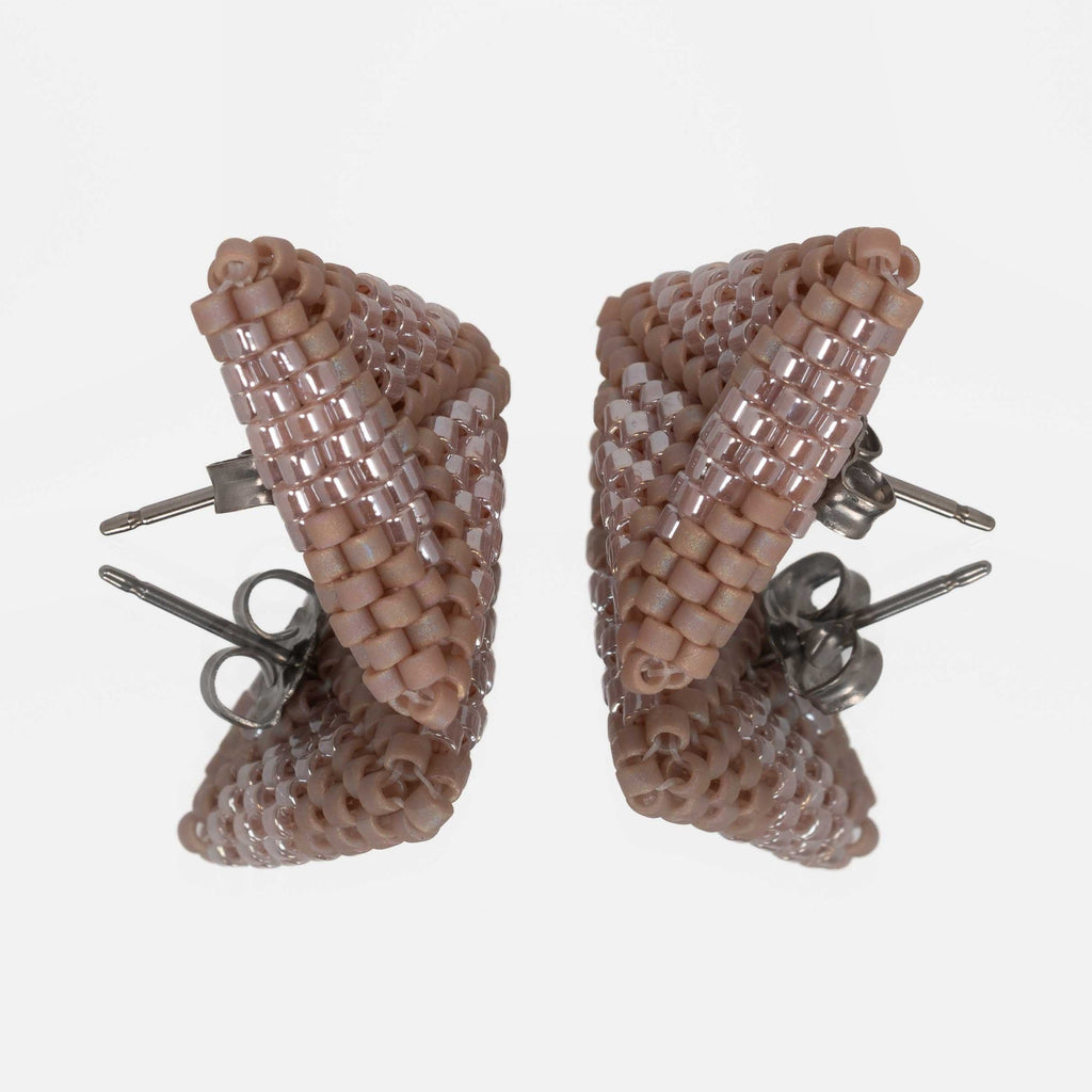 Back of the rose taupe beaded triangle earrings, showing titanium posts and butterfly backs