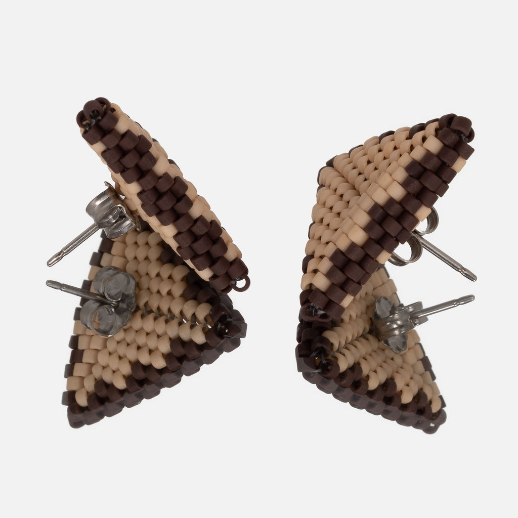 Back of the tan and chocolate brown beaded triangle earrings, showing titanium posts and butterfly backs